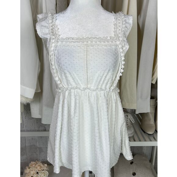 Cato Tops - Cato Women's Size M White Swiss Dot Lace Trim Babydoll Tank #0484